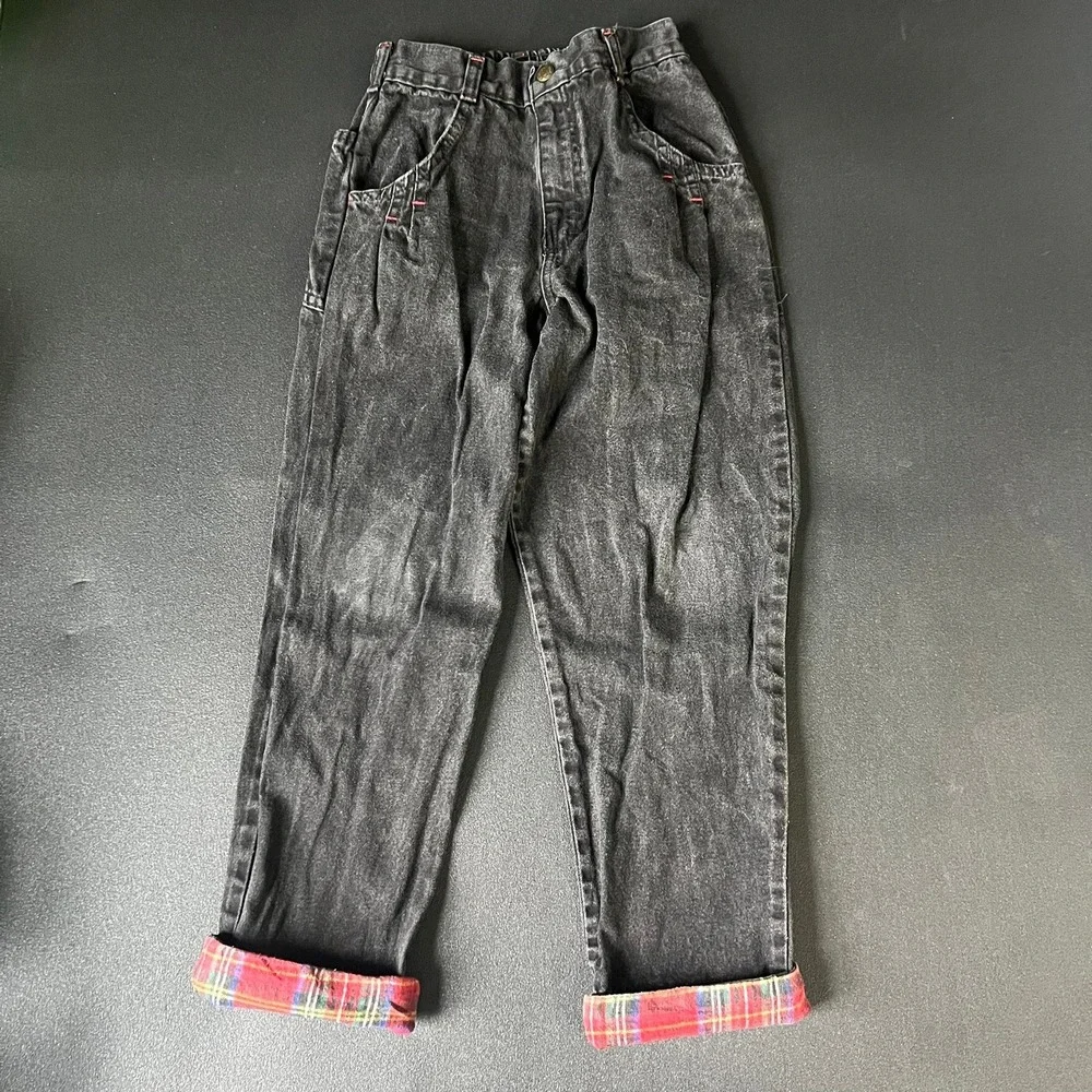 Vintage OshKosh Bgosh Kids 7R Black Flannel Cuffs Jeans Made in USA Retro